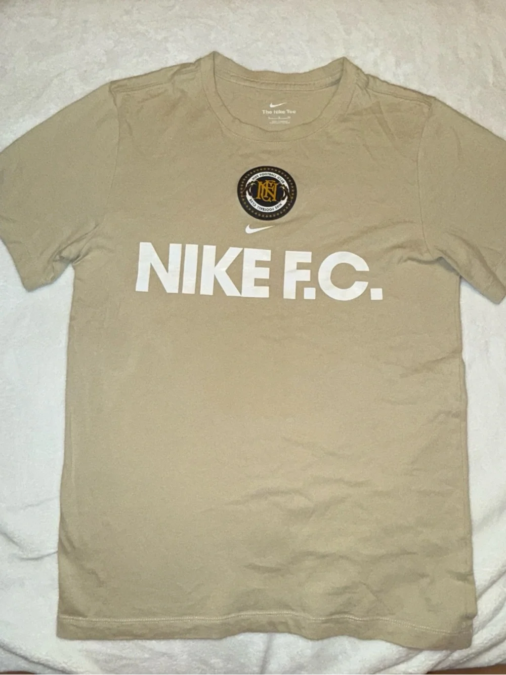 Nike Men's Short Sleeve F.C. Logo Tee - Beige with White Graphics